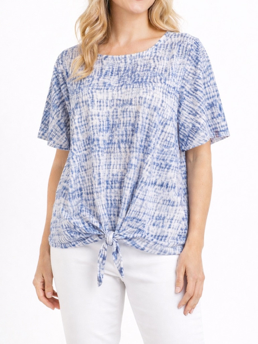 FDJ French Dressing Jeans XL Blue White Tie Dye Tie Front Blouse Top